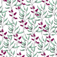 Hand drawn ink seamless pattern of green leaves and red berries, summer vintage pattern.
