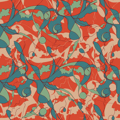 Bright seamless abstract background red and turquoise blots, oriental print for fabric.