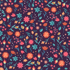 Folklore pattern of small flowers on a dark purple background, multicolored seamless print for dresses and fabric