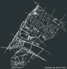 Detailed negative navigation white lines urban street roads map of the JAVEL QUARTER of the French capital city of Paris, France on dark gray background