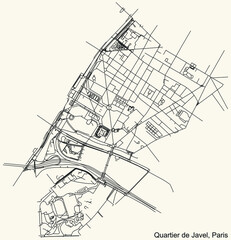 Detailed navigation black lines urban street roads map of the JAVEL QUARTER of the French capital city of Paris, France on vintage beige background