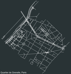 Detailed negative navigation white lines urban street roads map of the GRENELLE QUARTER of the French capital city of Paris, France on dark gray background