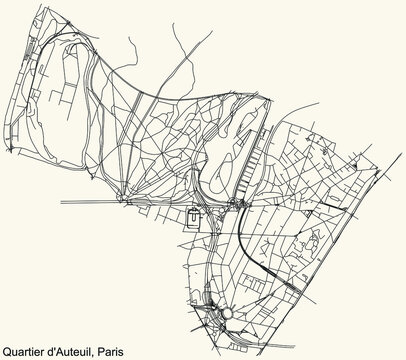 Detailed navigation black lines urban street roads map of the AUTEUIL QUARTER of the French capital city of Paris, France on vintage beige background