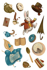 A set of tea party clipart with Alice and rabbit
