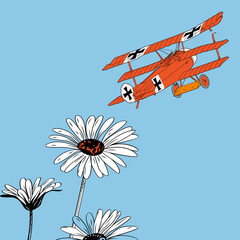 vector illustration with a bouquet of daisies and a plane from the first world war. © Martin