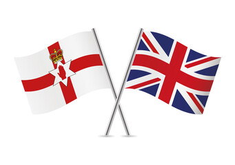 Northern Ireland and Britain crossed flags. Northern Ireland and British flags on white background.  Vector icon set. Vector illustration. 