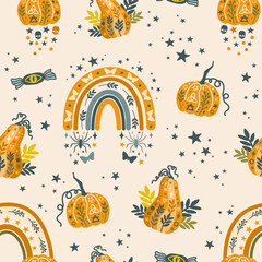 Halloween pumpkins and rainbows vector seamless pattern