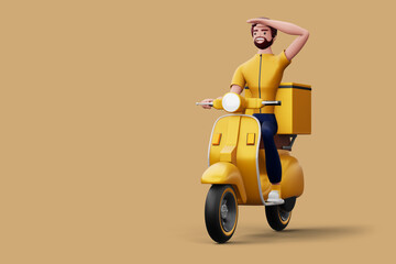 Delivery man riding a motorcycle with delivery box, 3d rendering