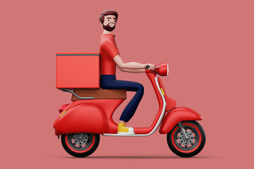 Fototapeta na wymiar Delivery man riding a motorcycle with delivery box, 3d rendering