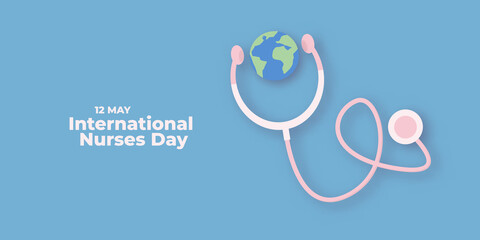 International nurses day vector horizontal banner or poster with stethoscope isolated on soft pastel blue background. vector 12 May Happy nurses day icon or sign design template