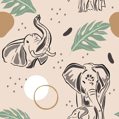 Naklejka premium seamless pattern abstract elephant and tropic leaves. Modern style. Vector, illustration