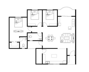 2D CAD layout plan drawing of a luxury condominium with a few numbers of bedrooms complete with two bathrooms, kitchen and living room. Drawing produced in black and white. 