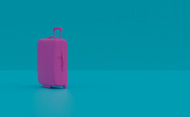 3d rendering illustration , of a mauve colored suitcase, on a blue background, with copy space , 3d rendering