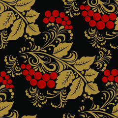 Red mountain ash, painting, seamless pattern, vector