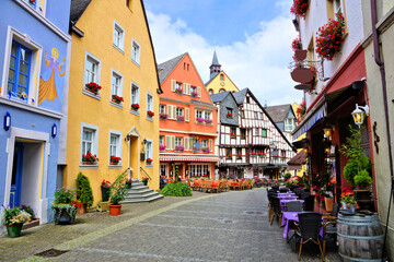 Fototapeta na wymiar Colorful picturesque street in the Old Town of Bernkastel Kues, Germany