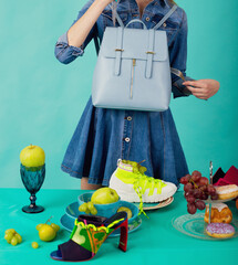 Still life fashion food sweets fruit cake shoes sneakers bags set