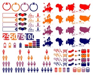 Infographic elements set including maps of europe asia africa and us speech bubble download icon badge credit card trolley calculator population symbol battery zoom and calendar vector illustration 