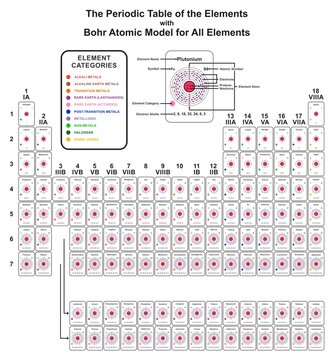 The periodic table of the element with bohr atomic model for all elements infographic diagram atoms structure name symbol category electron shell number for chemistry book science education vector