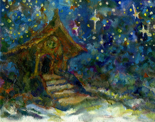 Fototapeta na wymiar Old house and night starry sky. Oil painting. Fairy tale and legend.