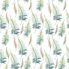 Watercolor exotic seamless pattern, jungle leaves,  botanical summer illustration on white background