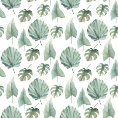 Watercolor exotic seamless pattern, jungle leaves,  botanical summer illustration on white background