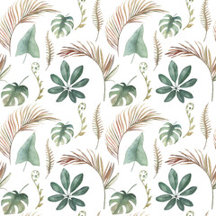 Watercolor exotic seamless pattern, jungle leaves,  botanical summer illustration on white background