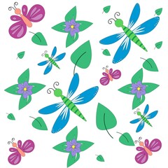 Colorful seamless pattern with insects and flowers. Butterfly and dragonfly design. Floral pattern for wallpaper, fabric and wrapping paper.
