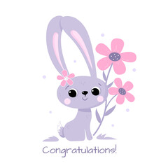 Cute bunny with flowers and the inscription Congratulations!