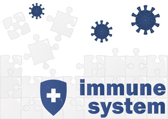 Immune system concept. Medical horizontal banner with viruses, white puzzle,  shield and lettering Immune system for clinics, hospitals, healthcare websites and social media. Vector illustration.