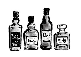 お酒のボトル4本の手描き和風イラスト　モノクロ
