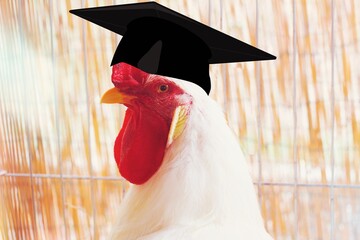 Shot of a white rooster wearing a graduation cap , funny concept of comical academy.