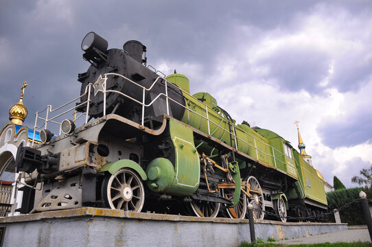 Ukraine. Kovel August 25, 2019. Old retro locomotive on a pedestal