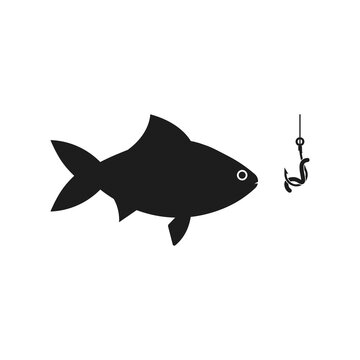Fish with fishing hook icon. Vector. Flat design.