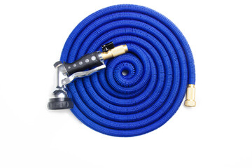 Watering hose in blue color isolated on white background.
