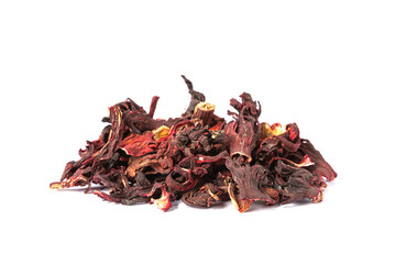 Hibiscus tea isolated on white background. Dry tea leaves in a heap on a white background.