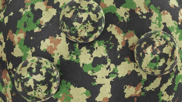 Realistic satisfying looping 3D animation of the camouflage pattern fabric sphere with orbital rolling small camo spheres as satellites rendered in UHD as motion background