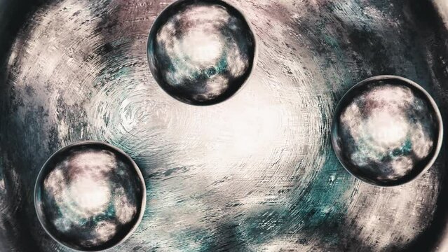 Realistic looping graded satisfying 3D animation of the textured scratched old weathered metal sphere with orbital rolling small spheres as satellites rendered in UHD as motion background