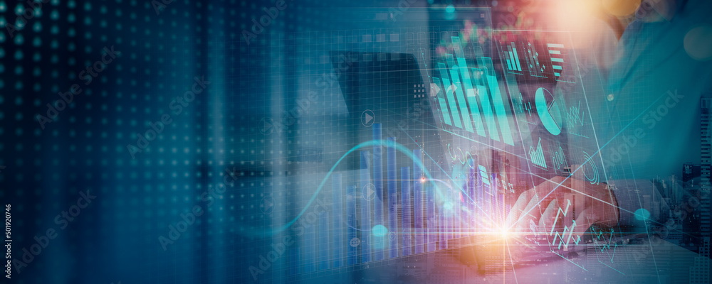 Poster Businessman working with laptop computer on Technology and digital marketing. Financial and banking with global network connection on investor and customer with sale data exchange and development 