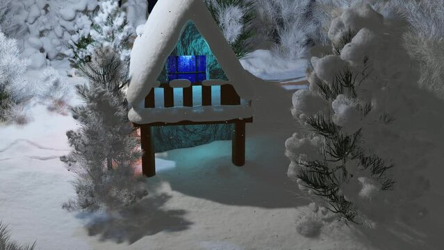 Christmas winter background with cozy house in the mountains in snowy night. Snow is snowing in pine woodland. 4K video animation 3d render illustration.
