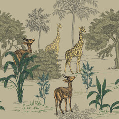 Tropical ink drawn palm trees,  giraffe, fawn summer floral seamless pattern.Exotic safari wallpaper. © good_mood