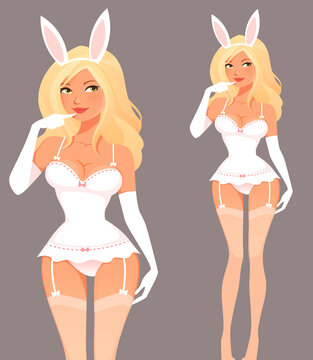 beautiful young woman in sexy white lingerie, an attractive blonde pin-up girl in bunny costume.