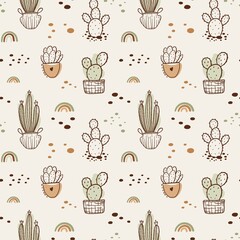 Vector boho cactus seamless pattern. Plants in a flower pot and succulents. Warm color illustration.