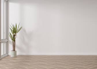 Fototapeta na wymiar Empty room, white wall and parquet floor. Indoor plant. Mock up interior. Free, copy space for your furniture, picture and other objects. 3D rendering.