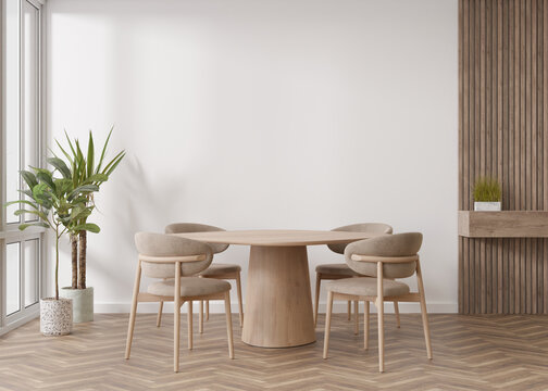 Empty white wall in modern living room. Mock up interior in scandinavian style. Free, copy space for your picture, text, or another design. Table with chairs, plants. 3D rendering.