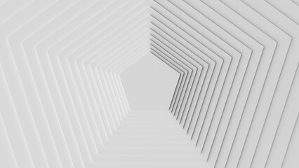 White abstract background of parallel pentagons with a platform in the center of the frame.