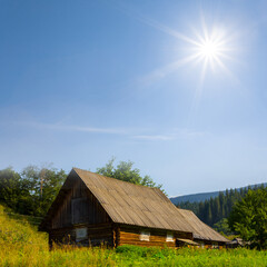 Fototapeta na wymiar small farm in green mountain at sunny day