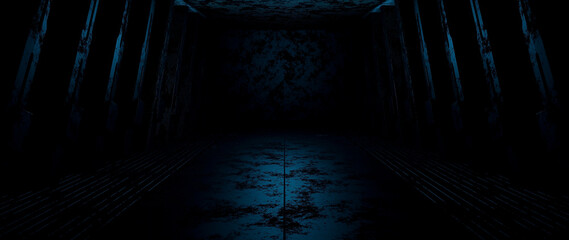 Obraz premium Dark empty stage, street, night smog and smoke, neon light. Dark background of the night city, ray of light in the dark. Concrete floor, dark wall 3D Render