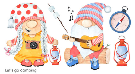 Watercolor illustration. Cute girl and boy gnomes on a white background. Camping set.