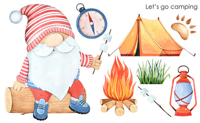 Camping set. Cute gnome on a white background. Tent, bonfire, compass. Rest in the forest. Watercolor illustration in cartoon style.
