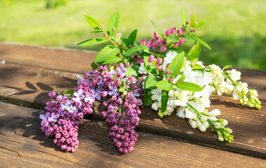 white and purple lilac flowers on an old wooden table in my garden